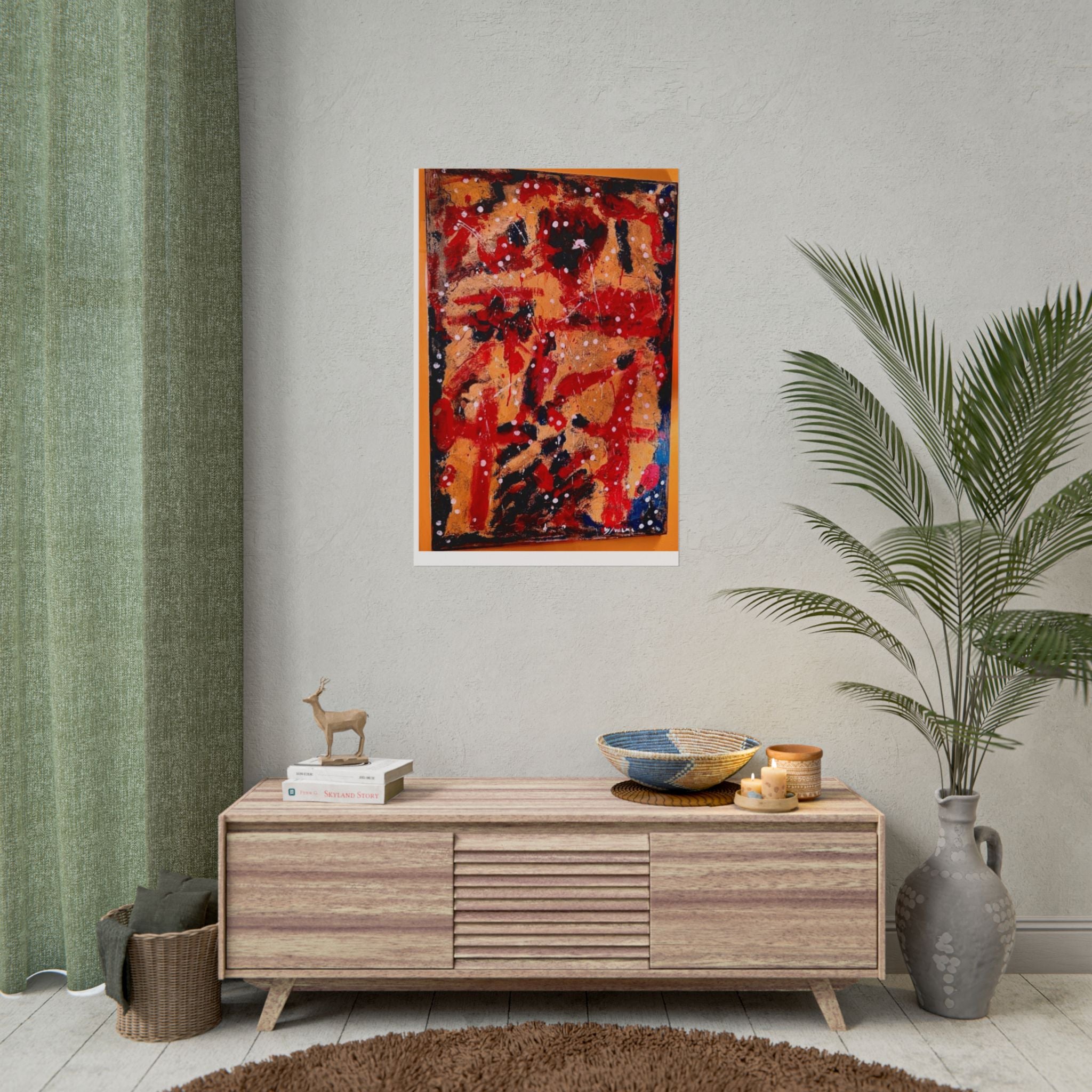 Abstract Expressionist Rolled Poster — Bold Red & Gold Modern Wall Art