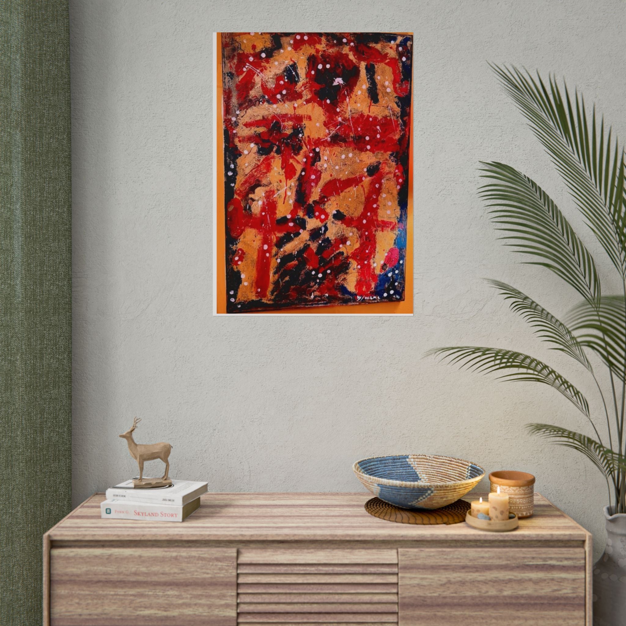 Abstract Expressionist Rolled Poster — Bold Red & Gold Modern Wall Art