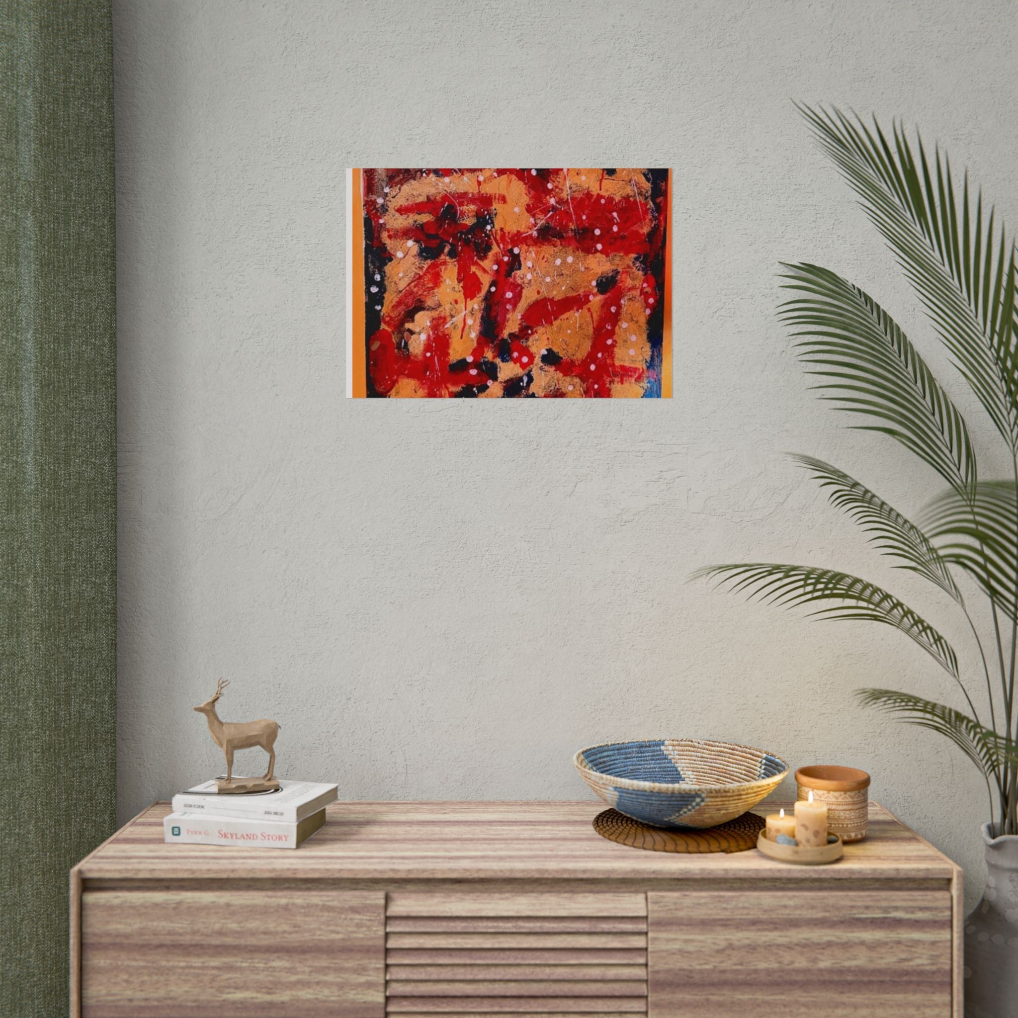 Abstract Expressionist Rolled Poster — Bold Red & Gold Modern Wall Art