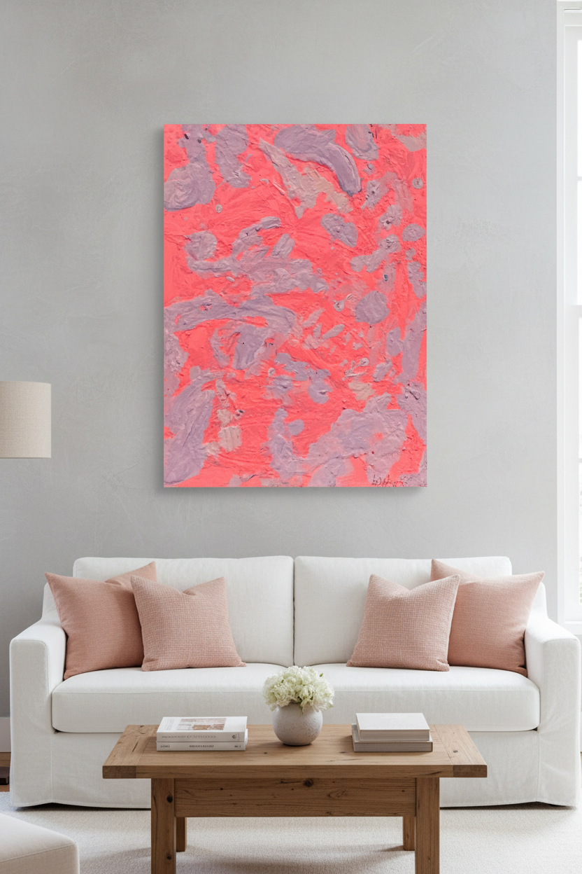 Purple Power original abstract painting by Velma Lewis displayed on a gallery wall in a modern chic living room